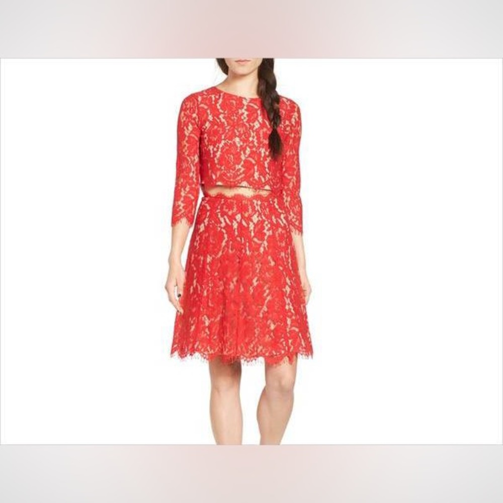 ❤️EVERLY❤️ Anthropologie Red Lace Two Piece Dress (Cropped Top and Skirt) Size S